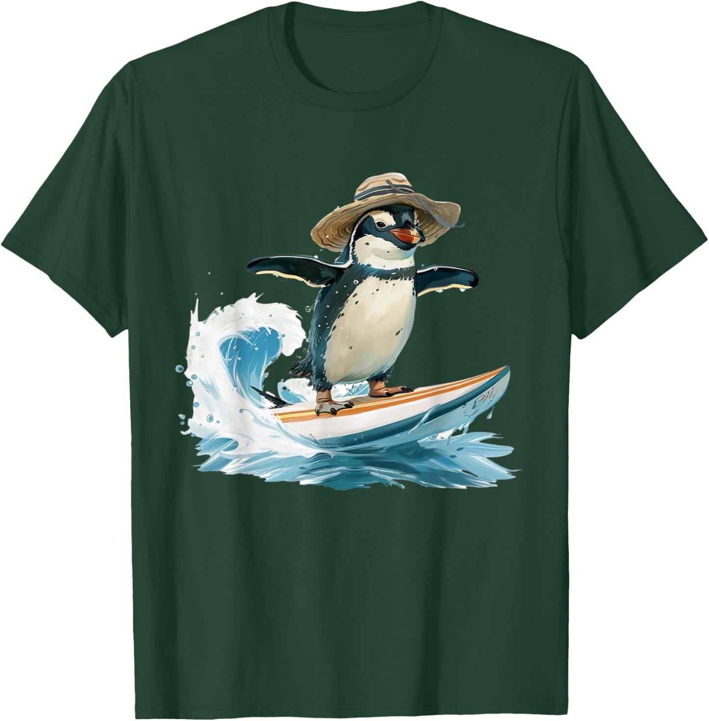Surfing Penguin in Straw Hat Fun Beach Design Men Women T-Shirt - T-Shirt | Forest