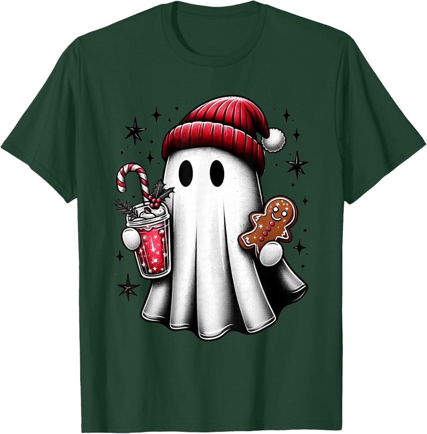 Cute Santa Ghost Drinking Coffee Ice Coffee Christmas Pajama T-Shirt - T-Shirt | Forest