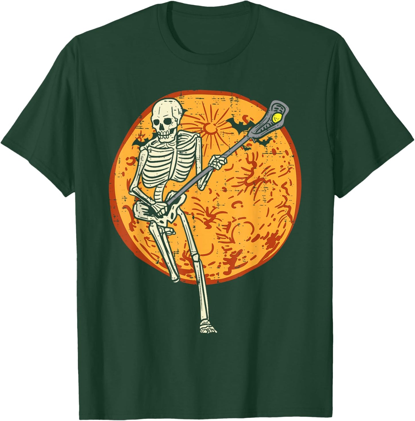 Lacrosse Skeleton Full Moon Sports Halloween Men Women T-Shirt - T-Shirt | Forest