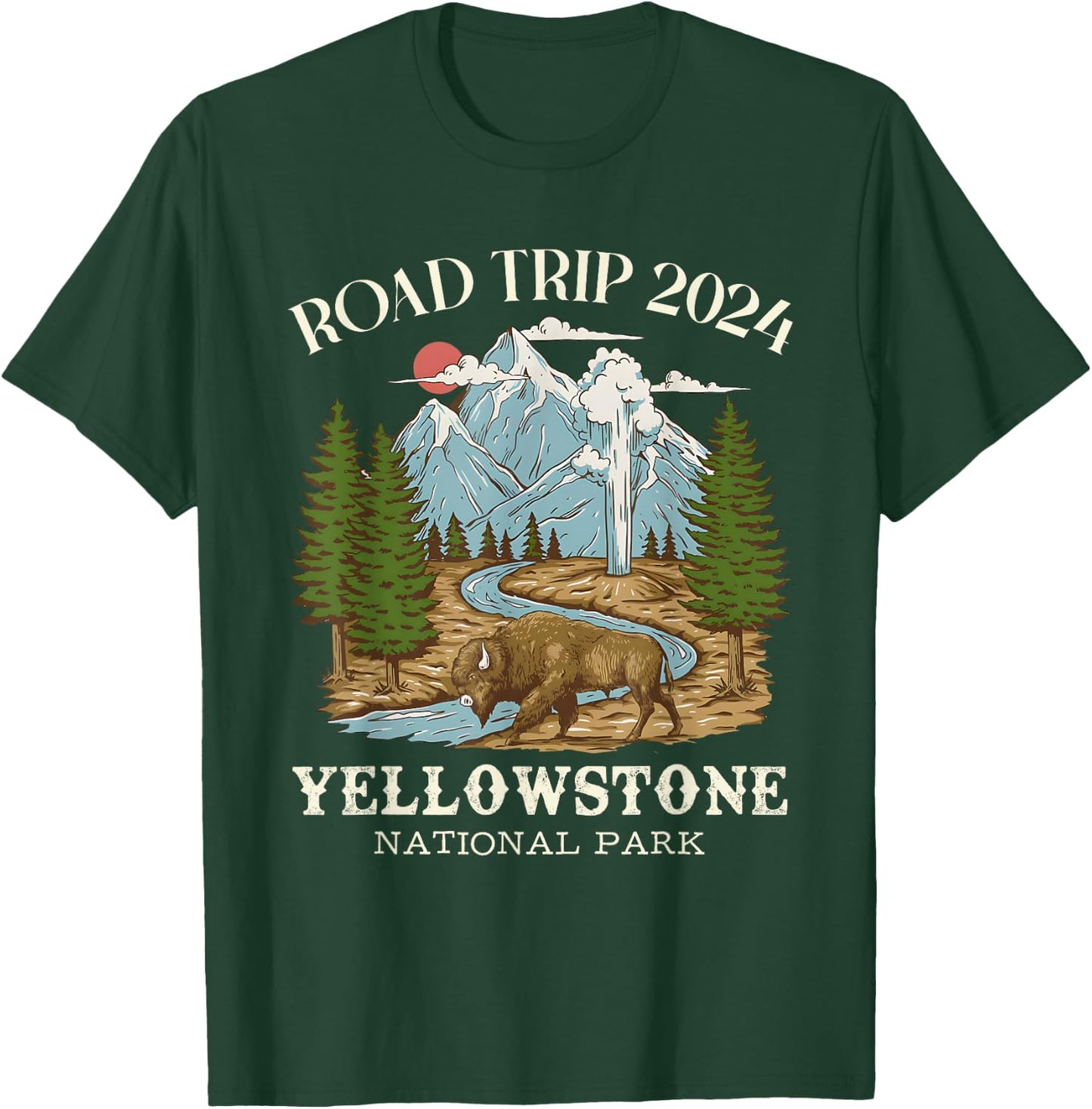 Road Trip 2024 Yellowstone National Park Wilderness Nature , Small, Black T-Shirt - T-Shirt | Forest