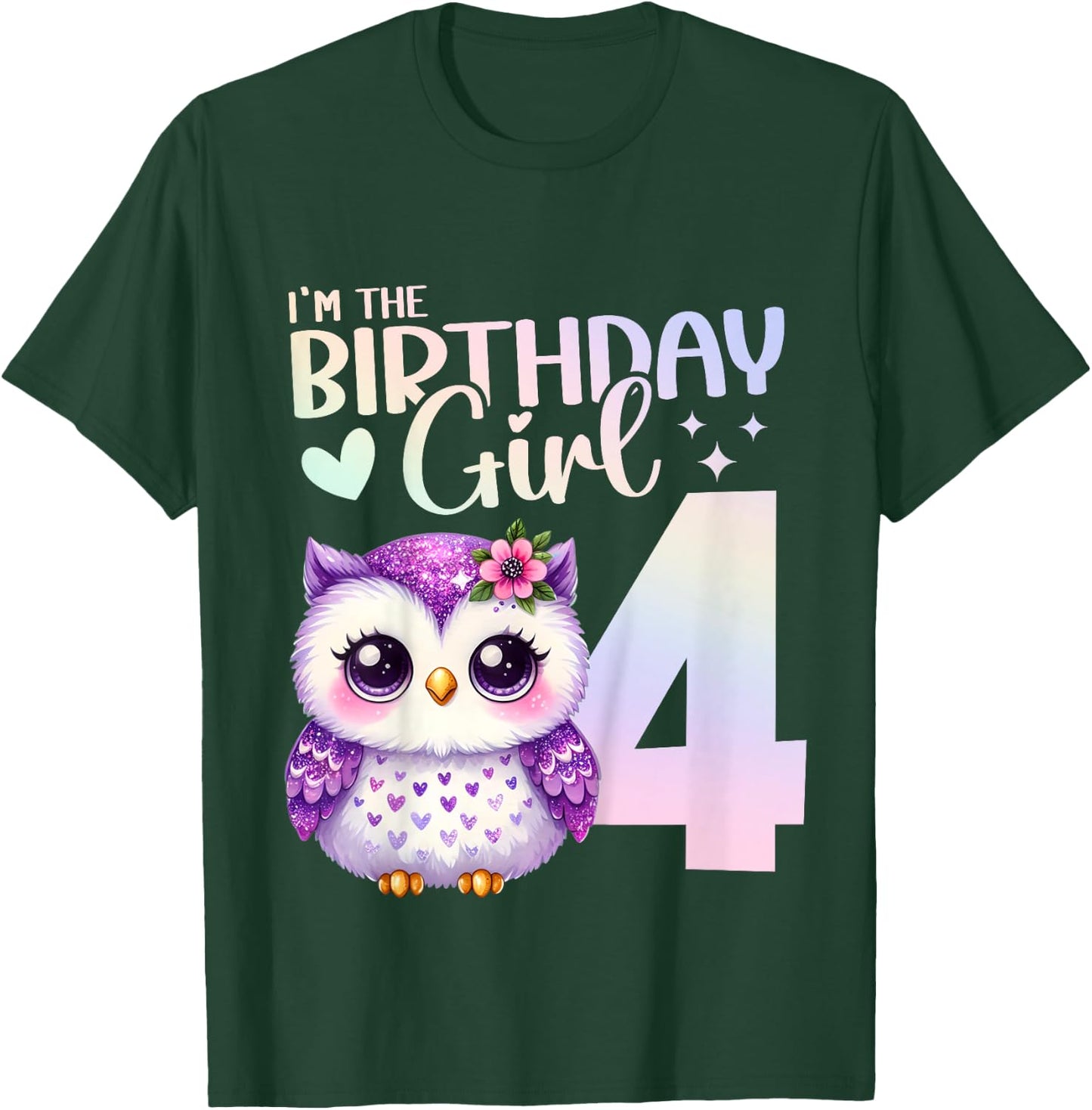 4th Birthday Owl Animals Fourth birthday girl 4 years T-Shirt - T-Shirt | Forest