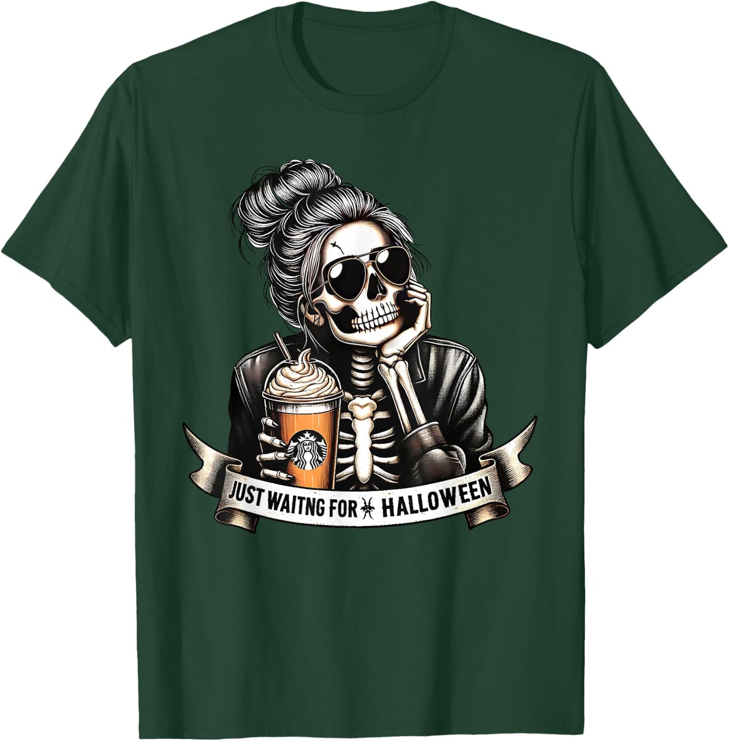 Just Waiting For Halloween Spooky Season Skeleton Coffee T-Shirt - T-Shirt | Forest