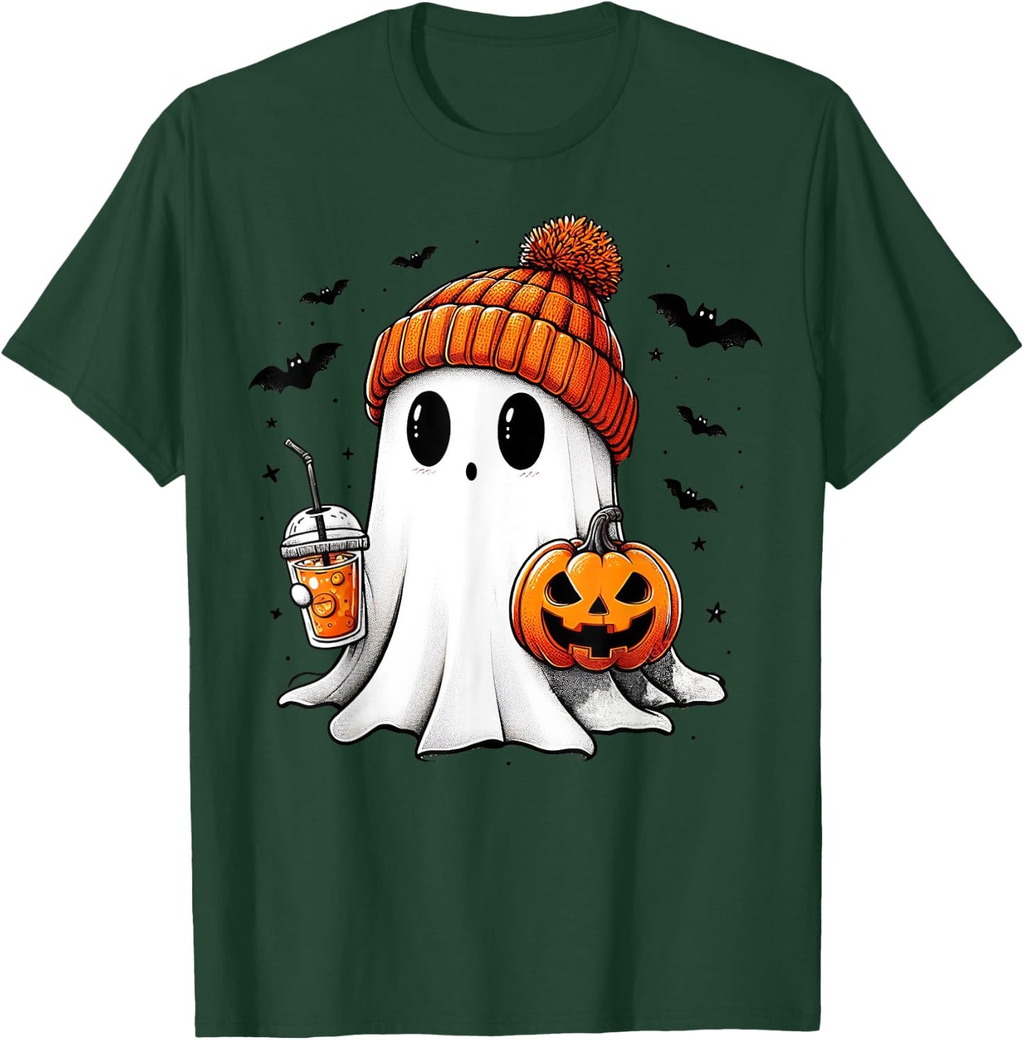 Cute Ghost Drinking Coffee Halloween Ghost Ice Coffee T-Shirt - T-Shirt | Forest