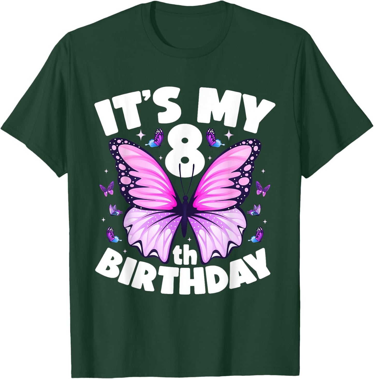 8th Birthday Shirt for Girls Butterfly 8 Year Old Birthday T-Shirt - T-Shirt | Forest
