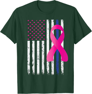Breast Cancer Awareness Ribbon Thin Blue Line Police Flag T-Shirt - T-Shirt | Forest