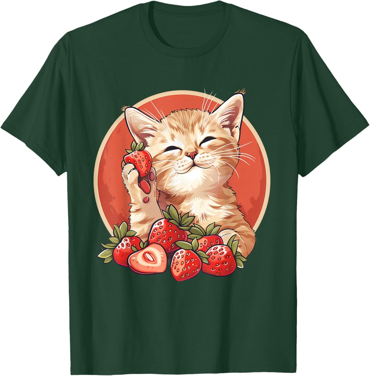 Strawberry Cat Portrait Animal Print Drawing Strawberries T-Shirt - T-Shirt | Forest