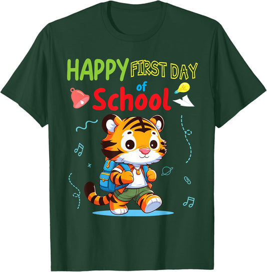TIGER Student Wearing Backpack Go Happy First Day Of School T-Shirt - T-Shirt | Forest