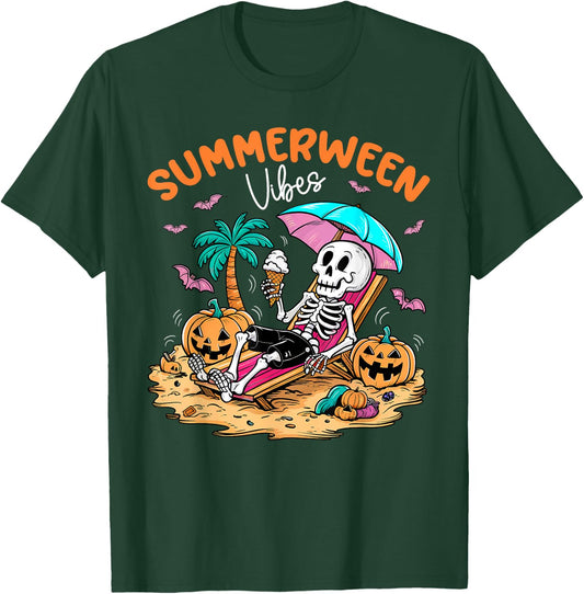 Summerween Halloween Skeleton Ice Cream Summer Vacation T-Shirt - T-Shirt | Forest