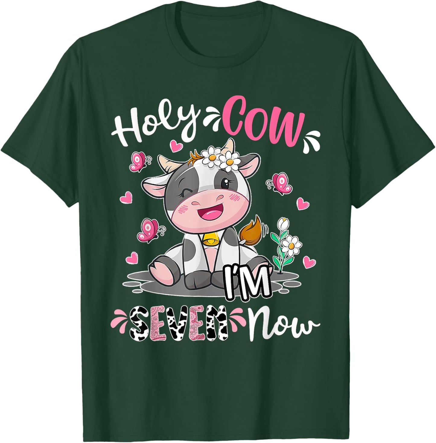 Kids Holy Cow I'm Seven 7 Years Old 7th Birthday Boy Girl T-Shirt - T-Shirt | Forest