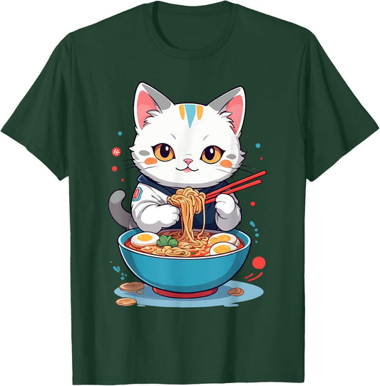 Cat Savoring Ramen Funny Pet Animals and Food Lover Design T-Shirt - T-Shirt | Forest