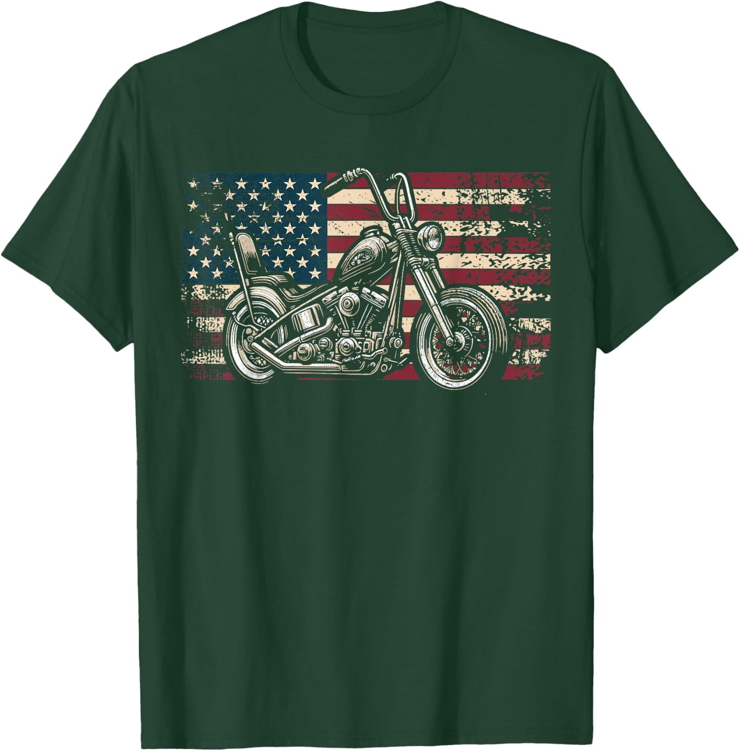 Old Motorcycle American Flag Patriotic Biker USA Flag T-Shirt - T-Shirt | Forest