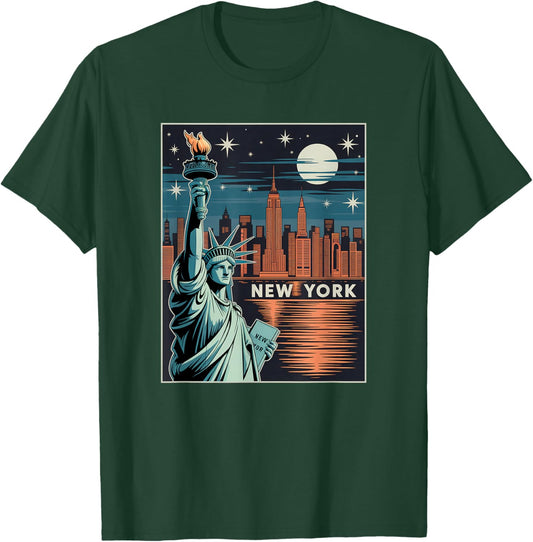 New York Skyline Reflection Liberty Poster-Style Illustratio T-Shirt - T-Shirt | Forest