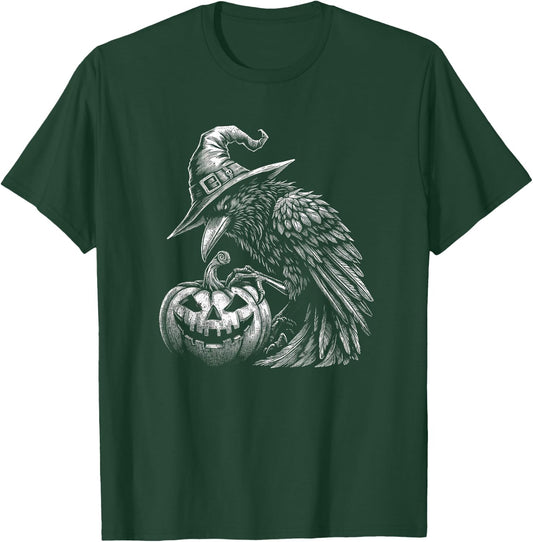 Goth Halloween Raven With Wizard Hat Art Crow Design T-Shirt - T-Shirt | Forest