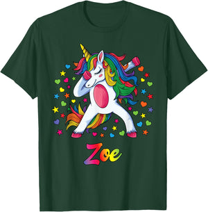 Zoe Dabbing Unicorn Rainbow Personalized Name Custom T-Shirt - T-Shirt | Forest