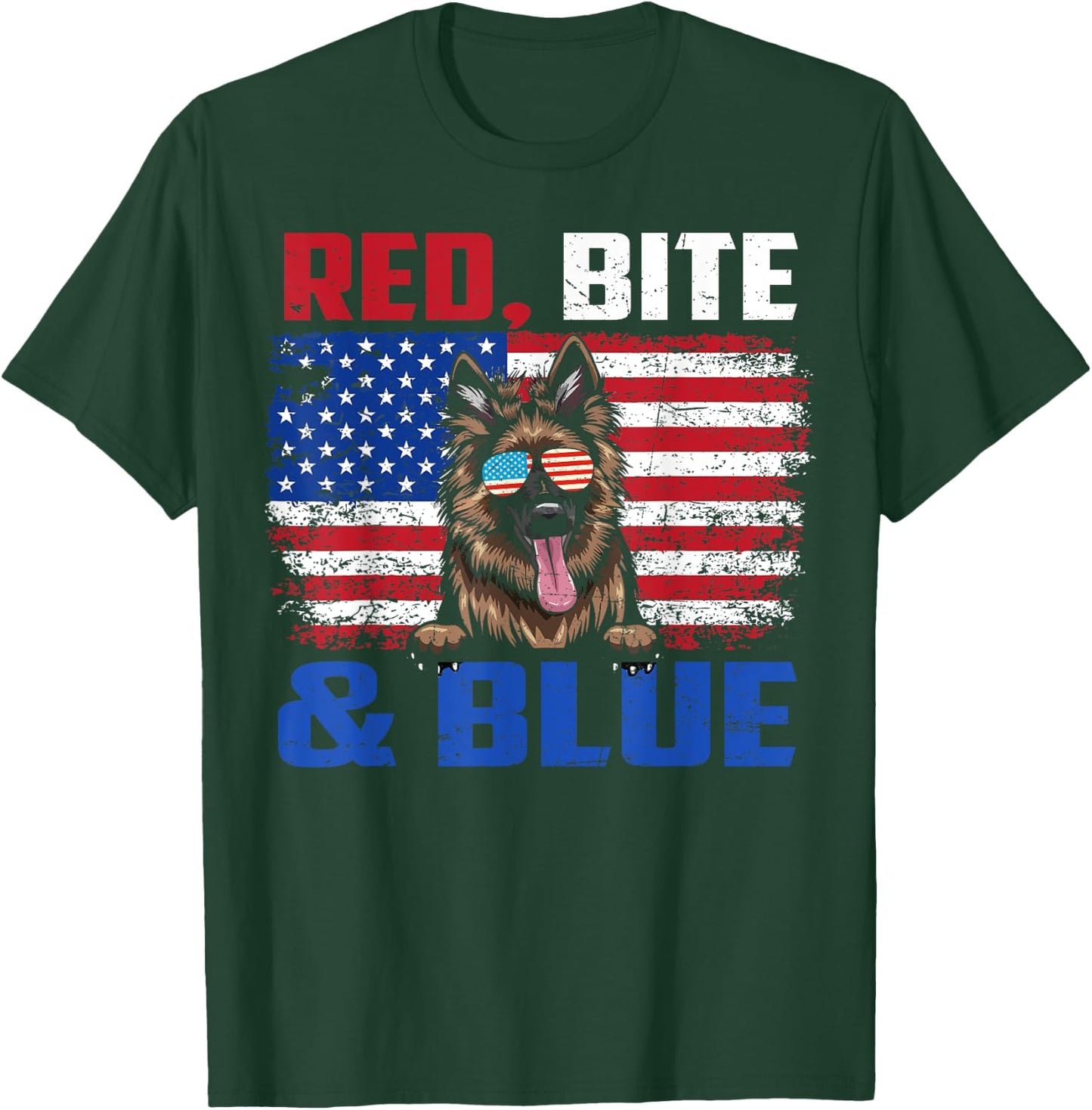 Red Bite Blue Long-Haired German Shepherd Dog 4th Of July T-Shirt - T-Shirt | Forest