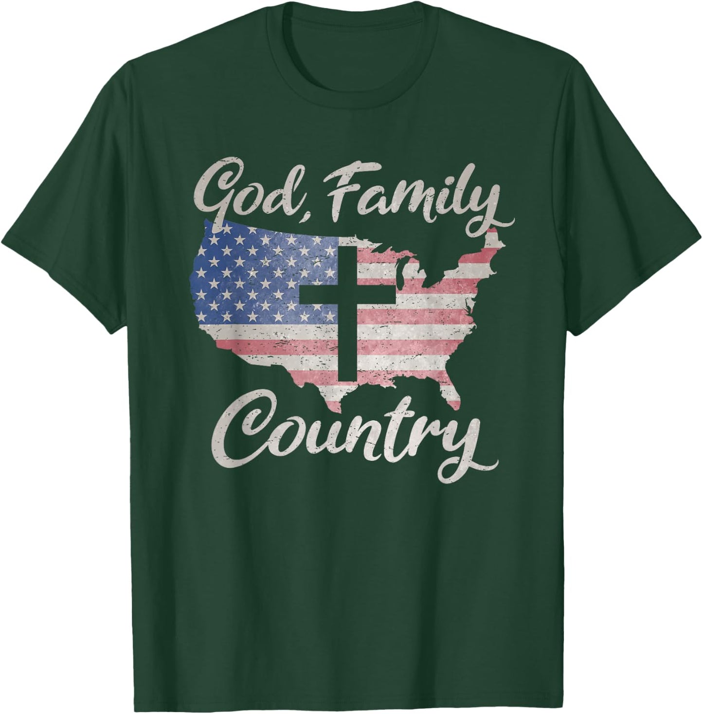 GOD FAMILY COUNTRY Christian Cross Vintage USA American Flag Women Kids Men T-Shirt - T-Shirt | Forest