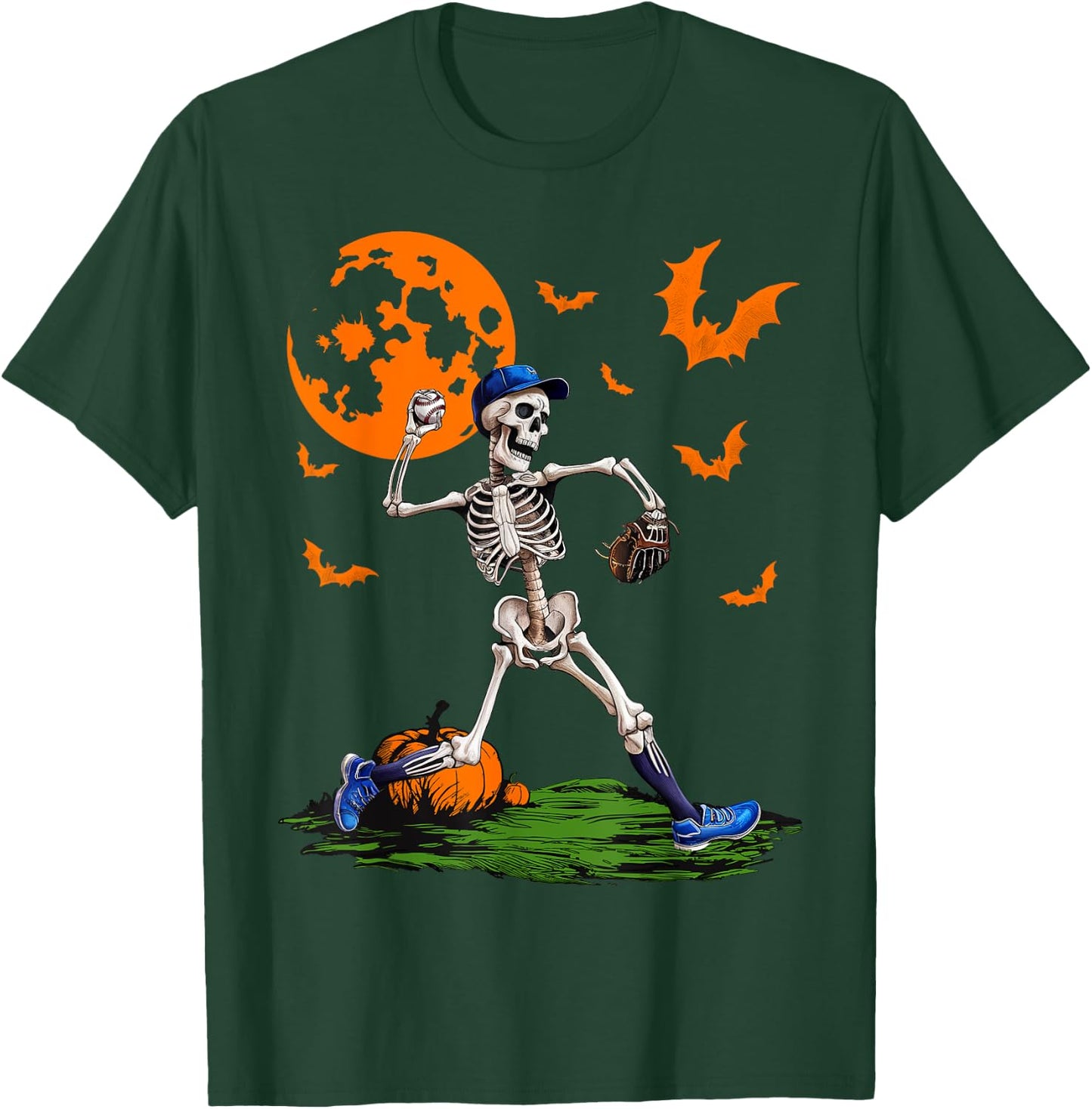 Baseball Skeleton Halloween Men Boys Baseball Spooky Season T-Shirt - T-Shirt | Forest