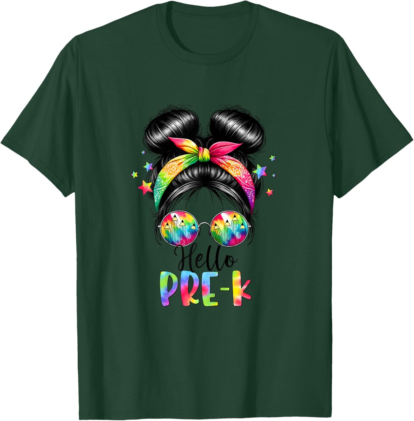 Hello Pre-K Messy Hair Bun Girl Back To School First Day T-Shirt - T-Shirt | Forest