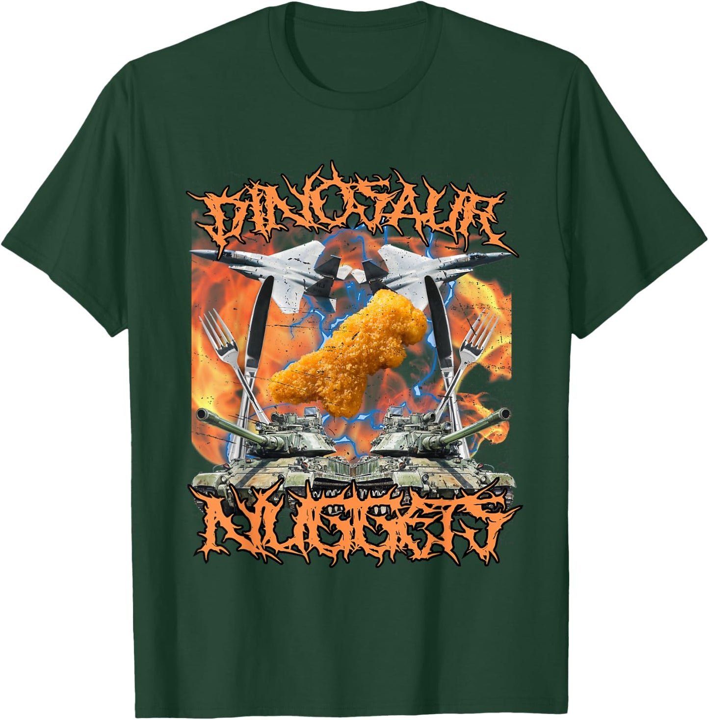 Funny Dinosaur Chicken Nugget Bootleg Hardcore Flames Meme T-Shirt - T-Shirt | Forest