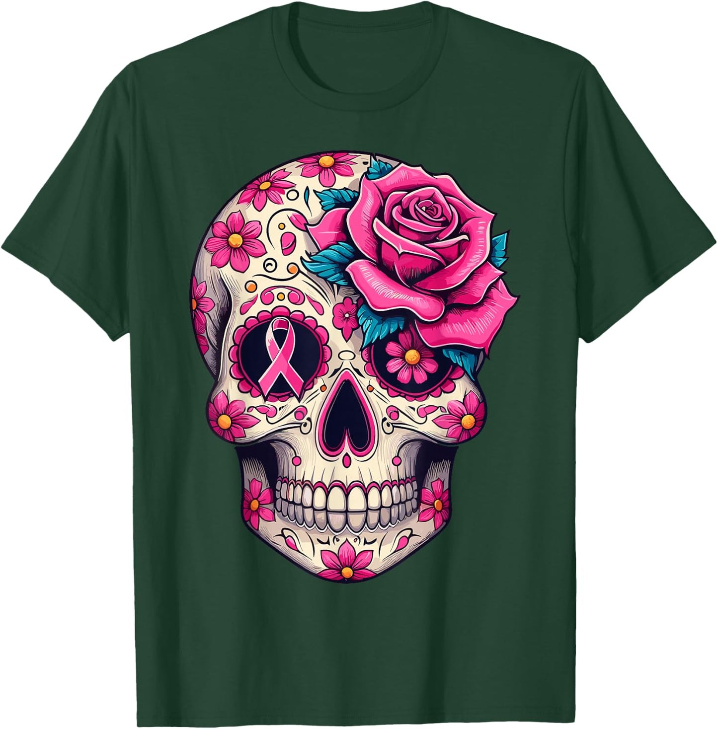 Sugar Skull Pink Ribbon Calavera Breast Cancer Awareness T-Shirt - T-Shirt | Forest