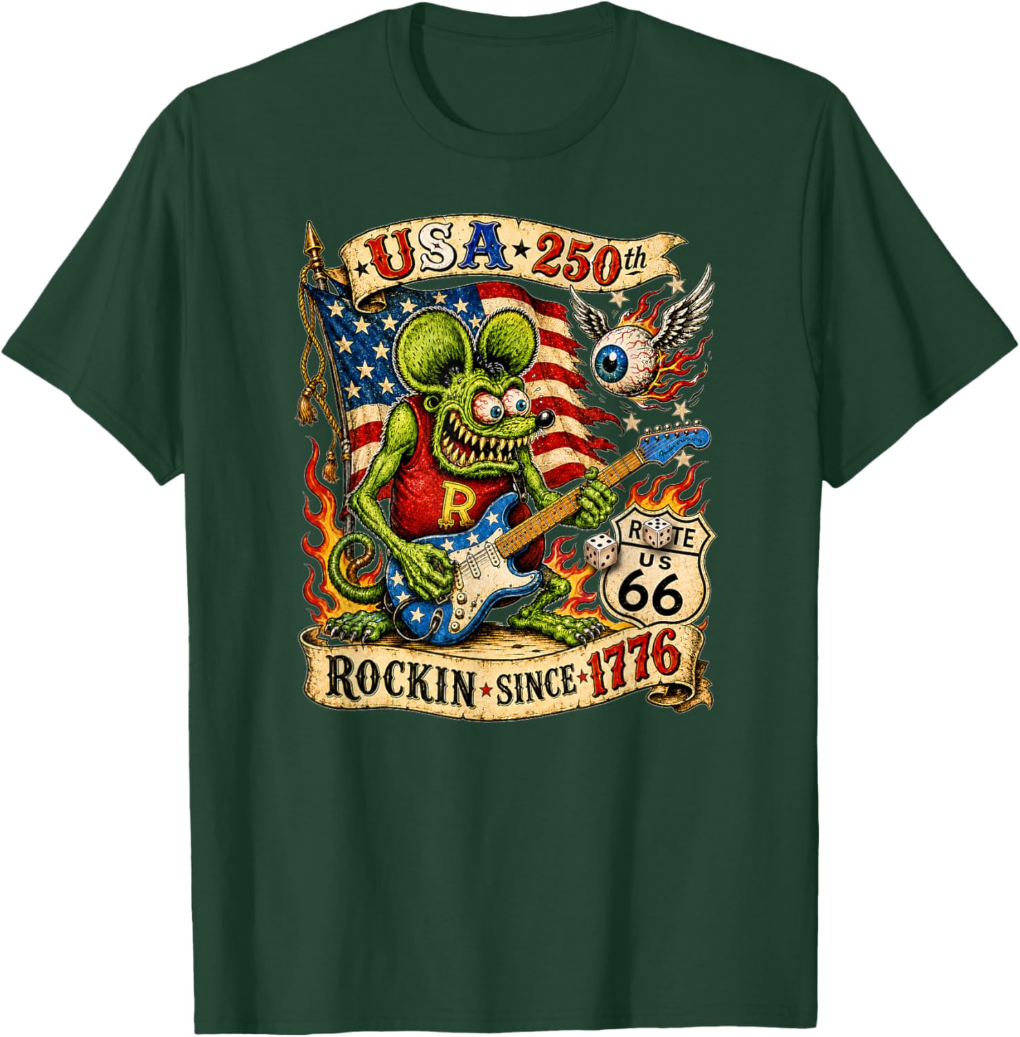 USA 250 Rat Fink Roote Guitar Music Highway 66 Vintage Retro T-Shirt - T-Shirt | Forest