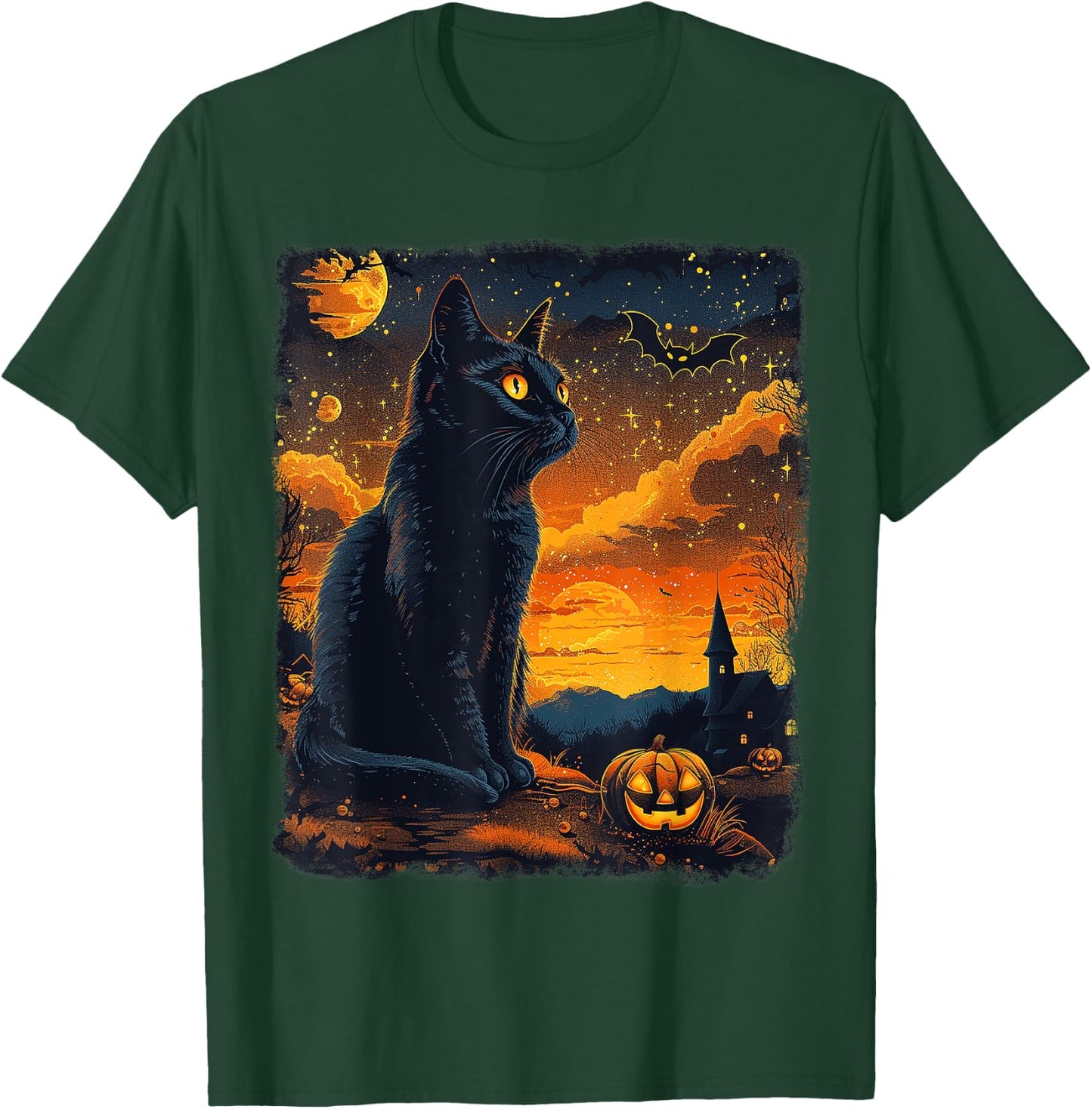 Black Cat Starry Night Van Gogh Pumpkins Bats Halloween Crew T-Shirt - T-Shirt | Forest