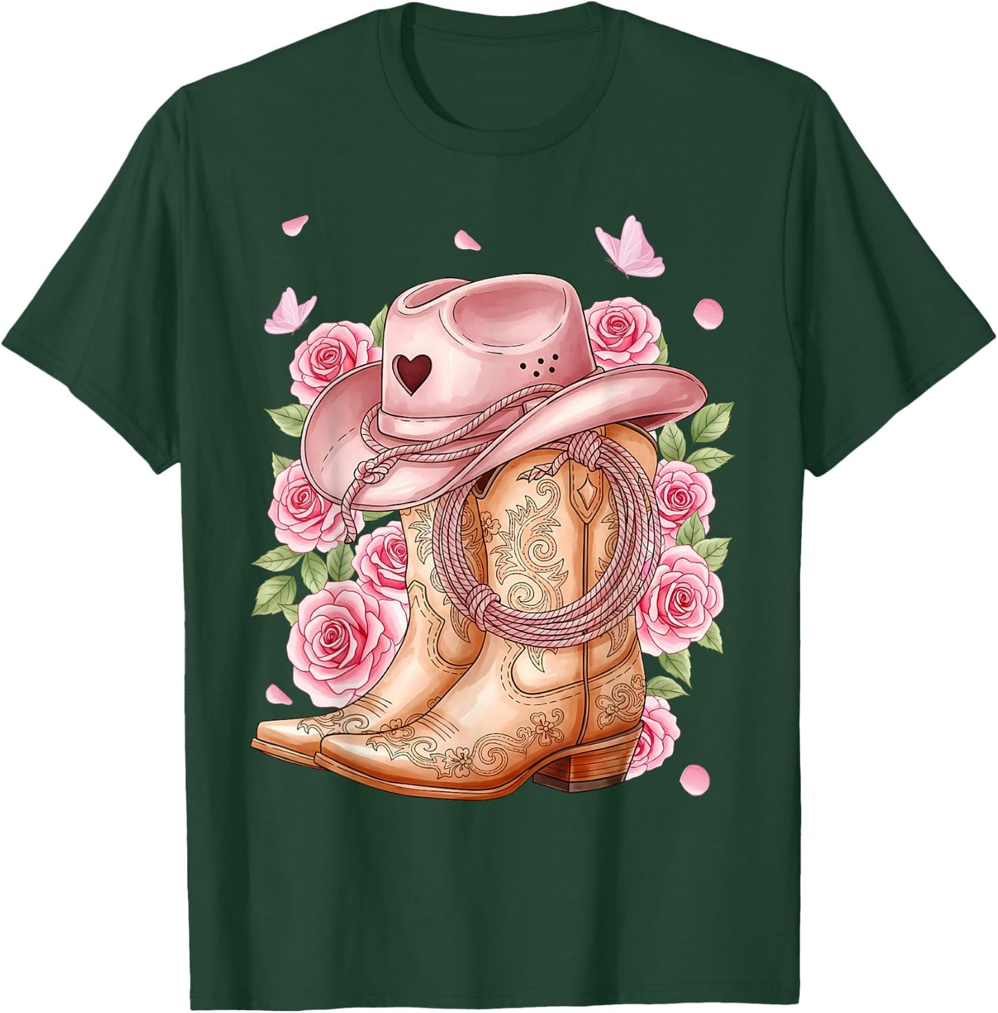 Western Country Pink Cowboy Boots Cowgirl Hat and Roses T-Shirt - T-Shirt | Forest