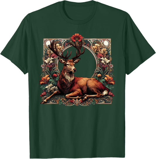 Cute Cottagecore Aesthetic Deer With Flowers Deer Lover T-Shirt - T-Shirt | Forest