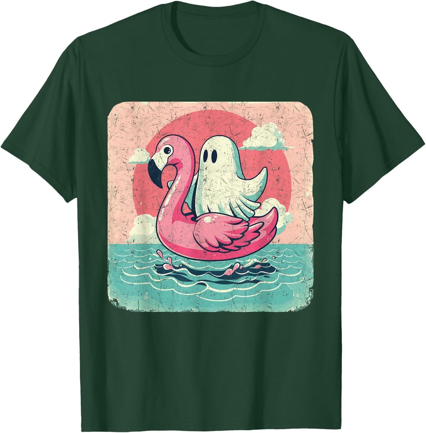 Funny Pool Vintage Ghost On A Pink Flamingo Summer Halloween Men Women T-Shirt - T-Shirt | Forest