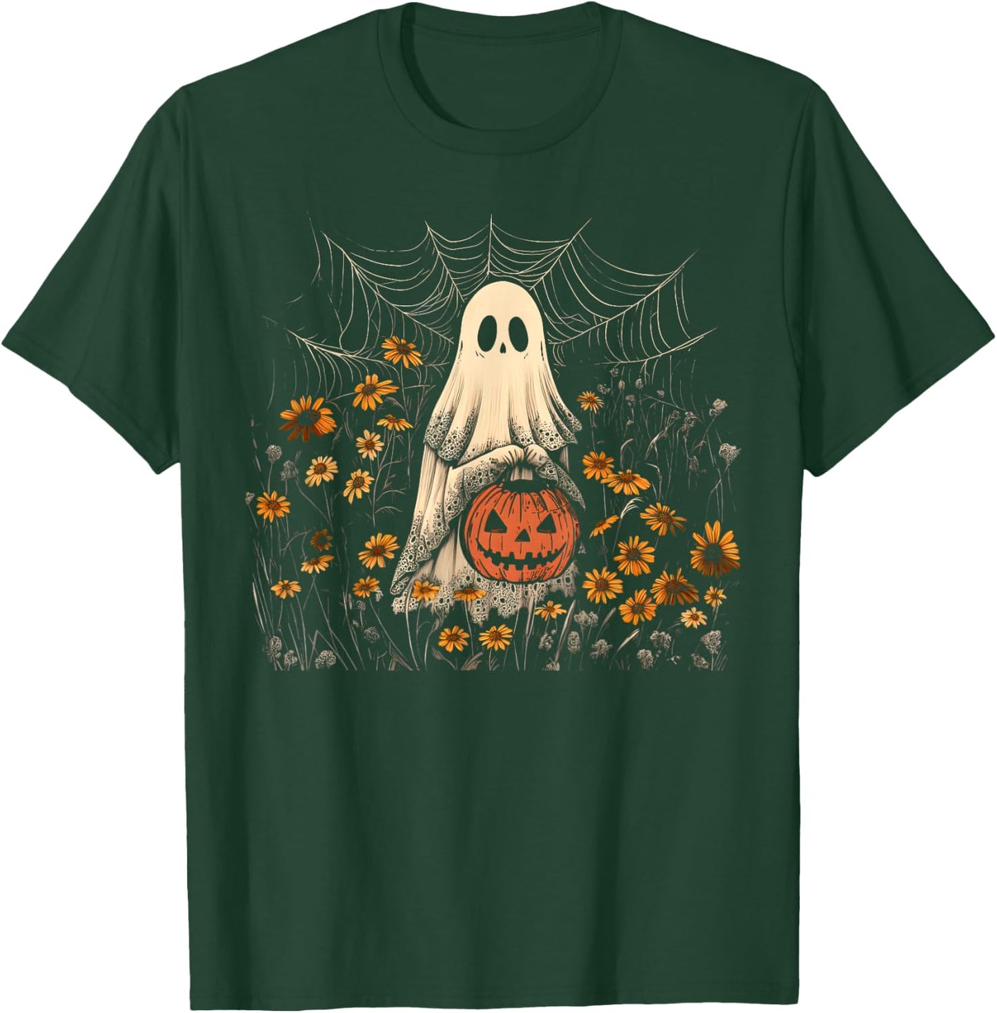 Retro Floral Lace Ghost Pumpkin Spooky Halloween Girls Women T-Shirt - T-Shirt | Forest
