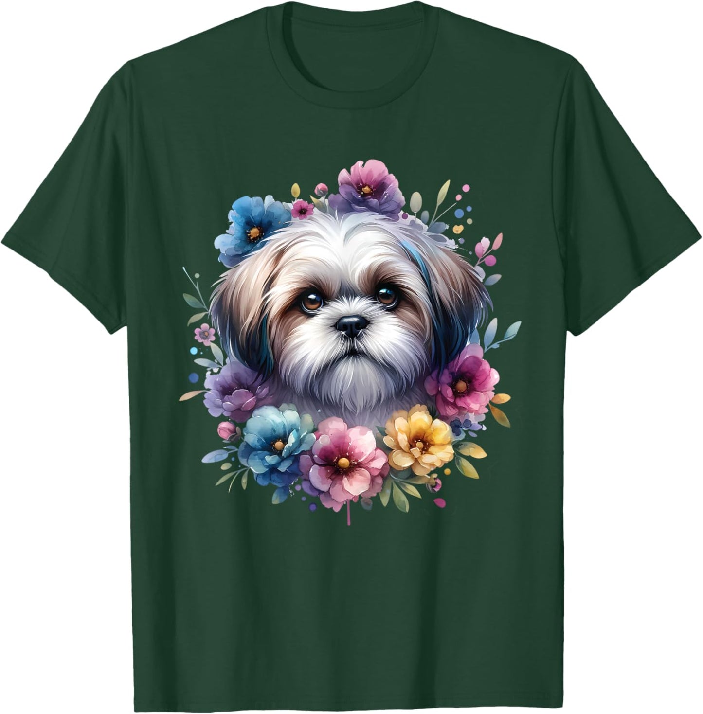 Watercolor Floral Shih Tzu Mama Dog Lovers Mother's Day T-Shirt - T-Shirt | Forest