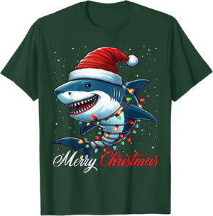 Shark Santa Hat Merry Christmas Lights Xmas Snow T-Shirt - T-Shirt | Forest