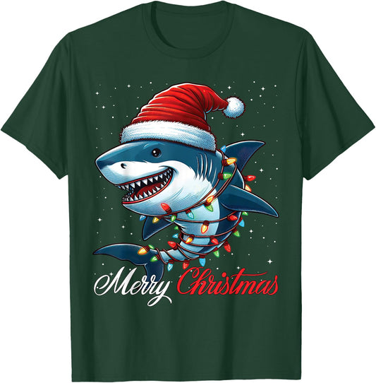 Shark Santa Hat Merry Christmas Lights Xmas Snow T-Shirt - T-Shirt | Forest