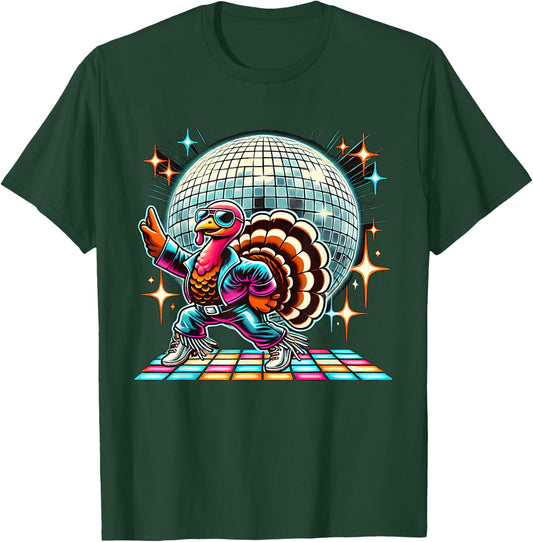 Disco Turkey Halloween -Adult Black Cartoon Turkey Disco Small Straight Short Sleeve T-Shirt - T-Shirt | Forest