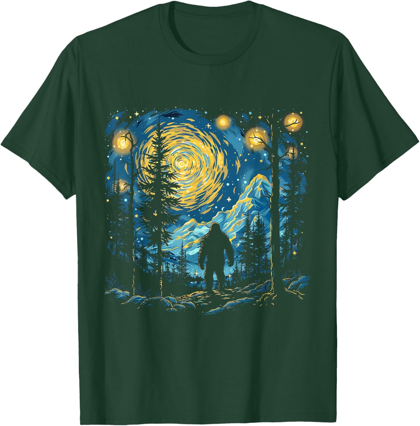 Funny Bigfoot Starry Night Sasquatch Van Gogh Sky Painting T-Shirt - T-Shirt | Forest