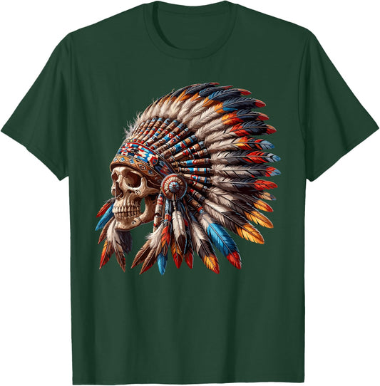 Native American Indian Chief Skull Motorcycle Headdress T-Shirt - T-Shirt | Forest