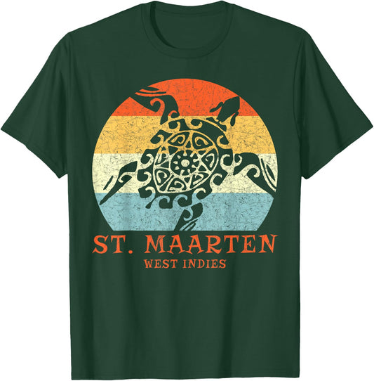 St. Martin, West Indies Vintage Retro Tribal Turtle Vacation T-Shirt - T-Shirt | Forest