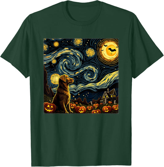 Spooky Halloween Golden Retriever Dog Starry Night T-Shirt - T-Shirt | Forest