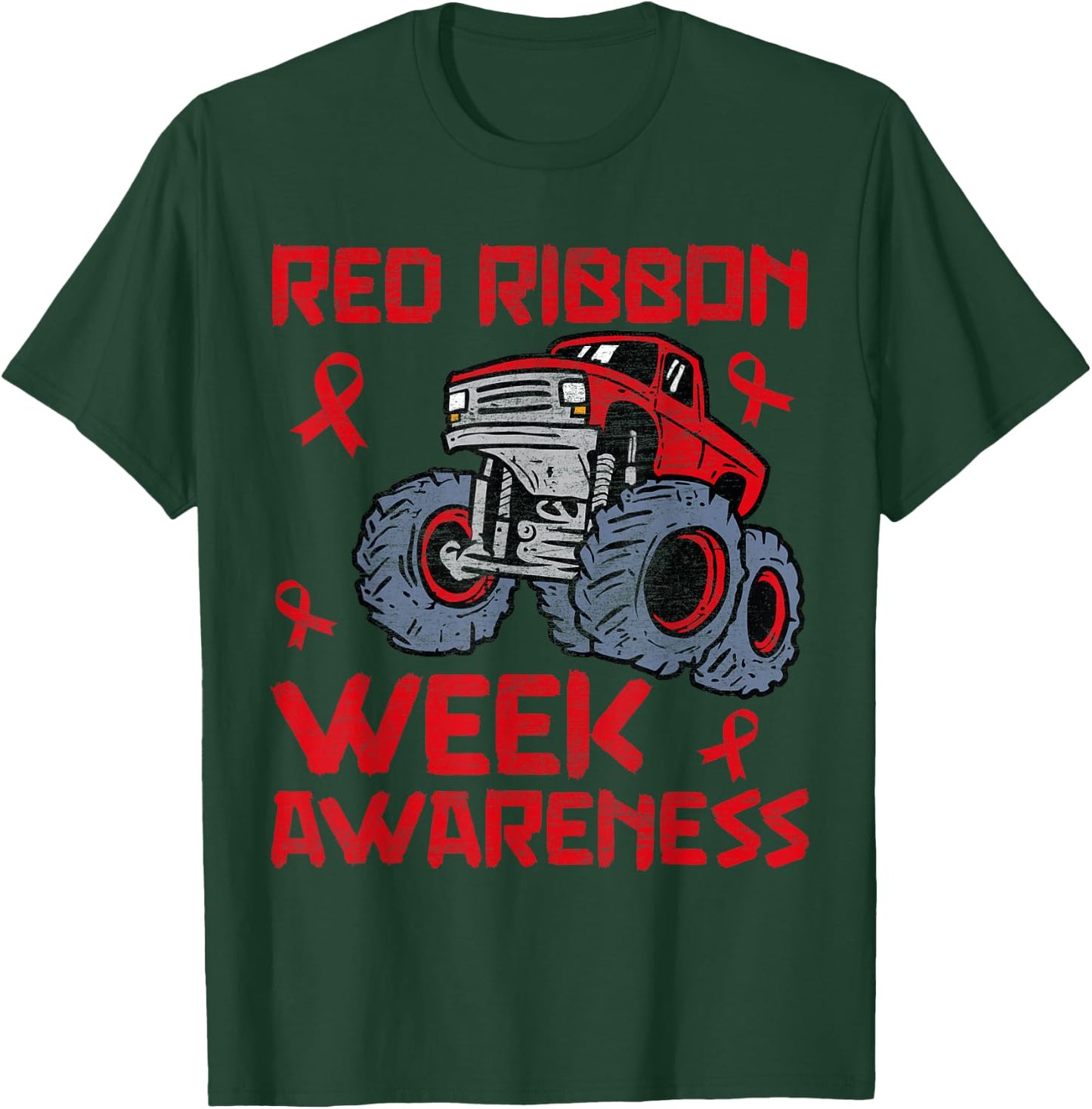 Red Ribbon Week Awareness Monster Truck Toddler Teens Kids T-Shirt - T-Shirt | Forest