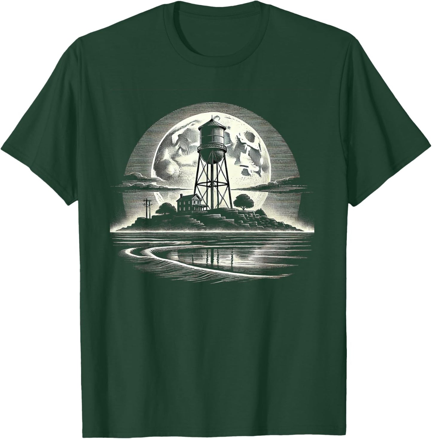 Rustic Water Tower Design - Moonlight Night T-Shirt - T-Shirt | Forest