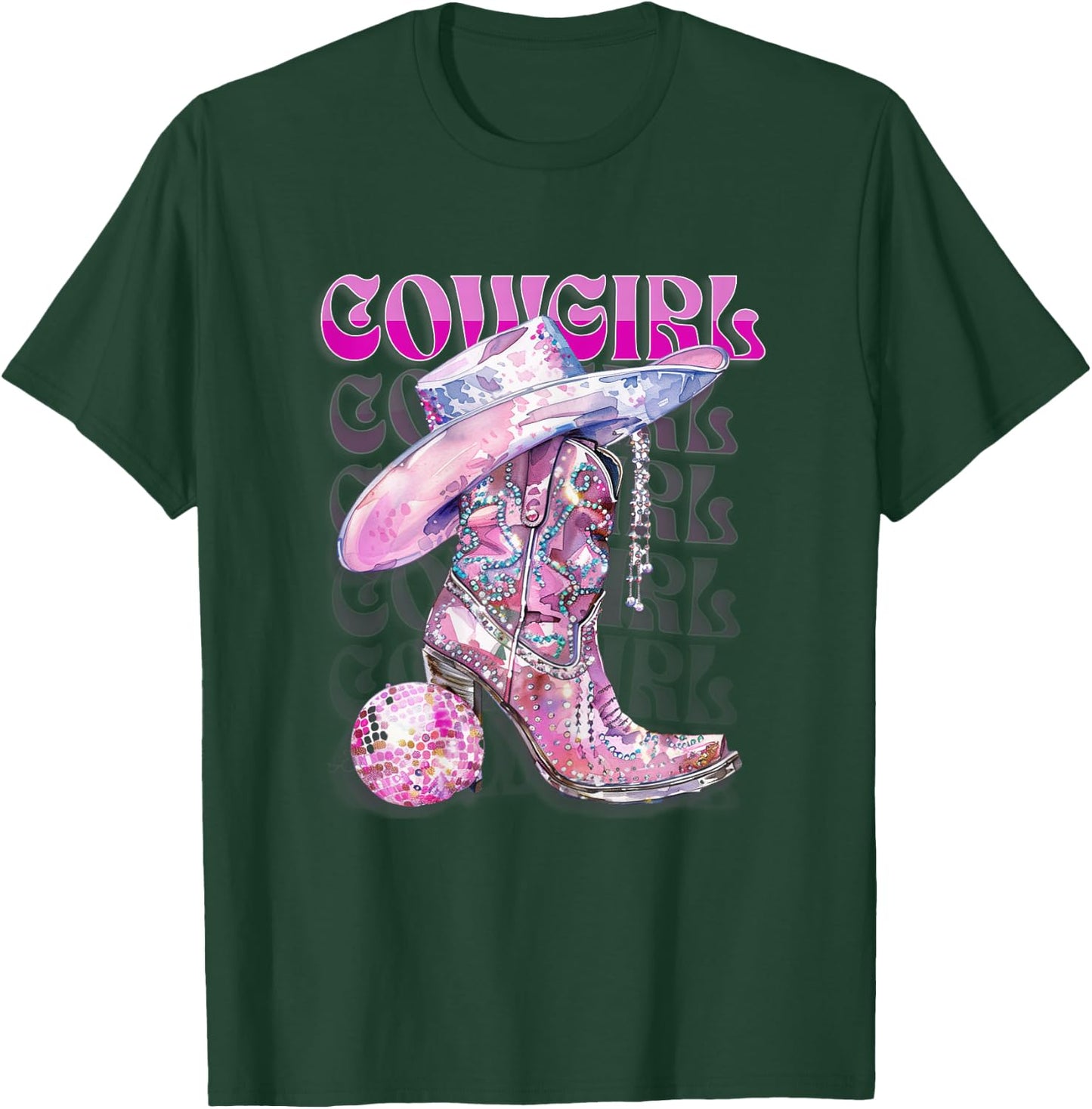 Pink Cowgirl Boots Disco Western Country Cow Girl Coastal T-Shirt - T-Shirt | Forest