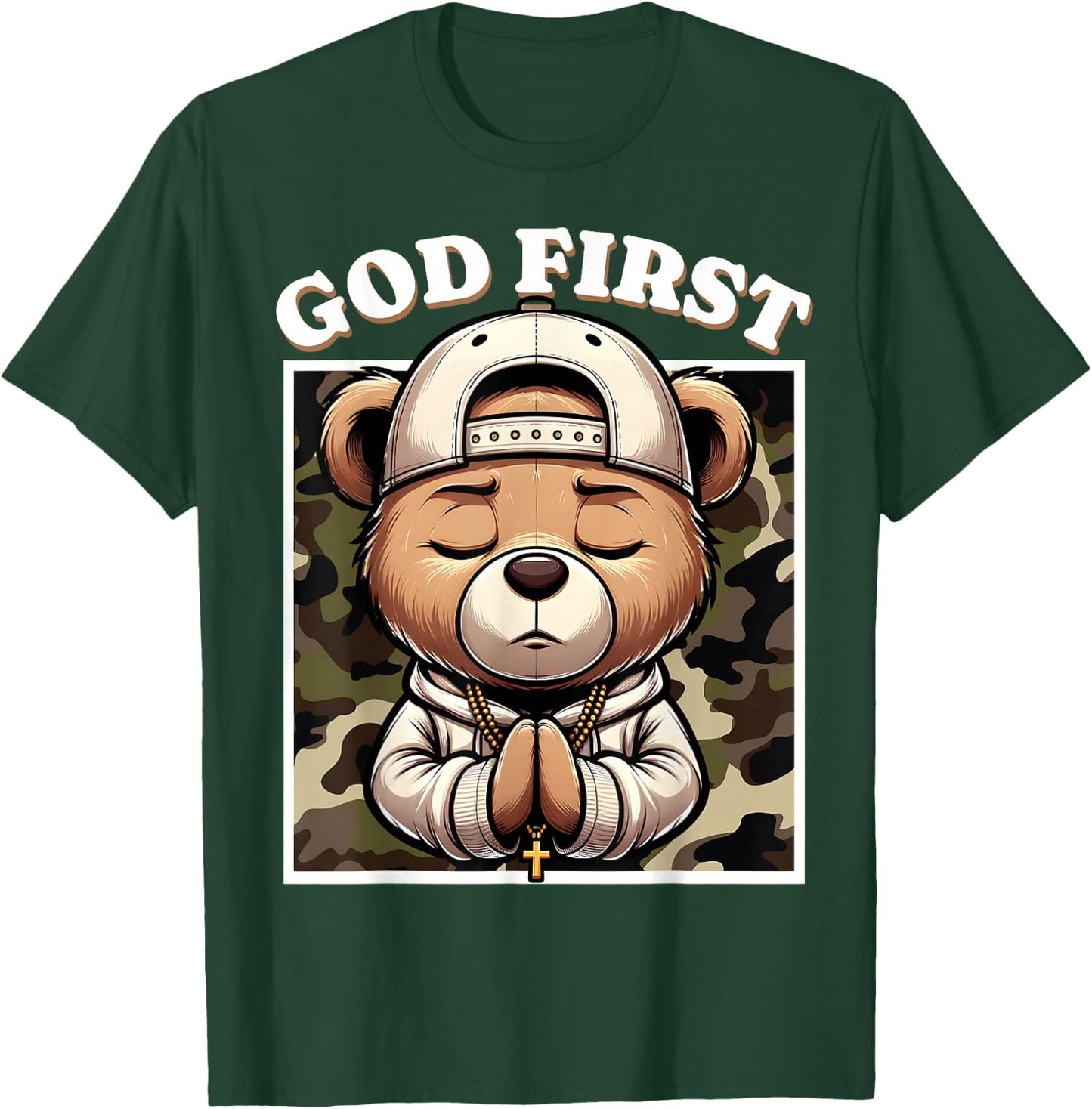 God First Hip Hop Camo Teddy Bear Christian Streetwear Pray T-Shirt - T-Shirt | Forest
