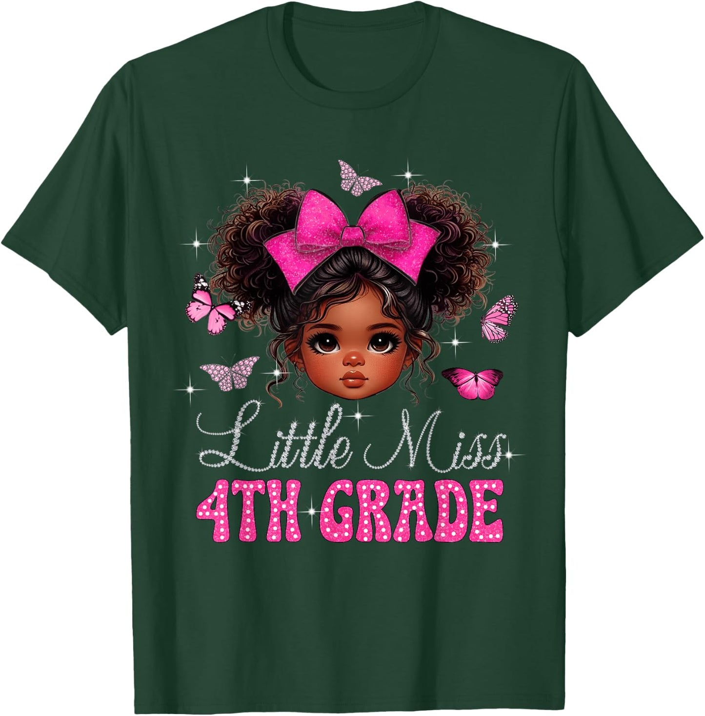 Little Miss 4th Grade Messy Bun Black Girls Back To School T-Shirt - T-Shirt | Forest