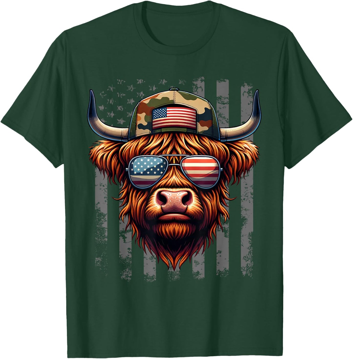 Highland Cow 4th July USA Flag Dad Father America Men Boys T-Shirt - T-Shirt | Forest