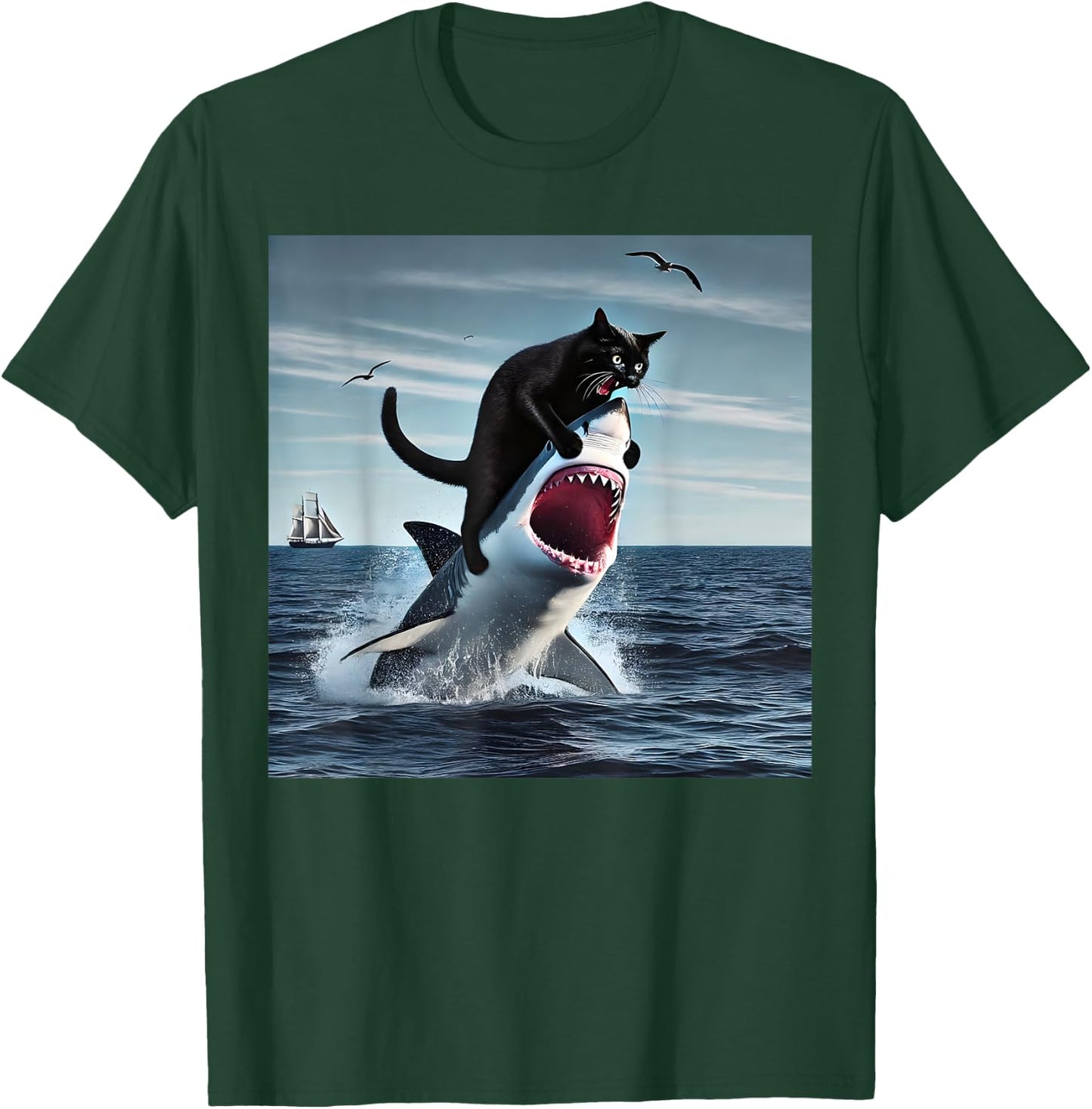 funny Art & Cat Lover Quote Cat Biting Shark Cool Black Cat Men Women T-Shirt - T-Shirt | Forest