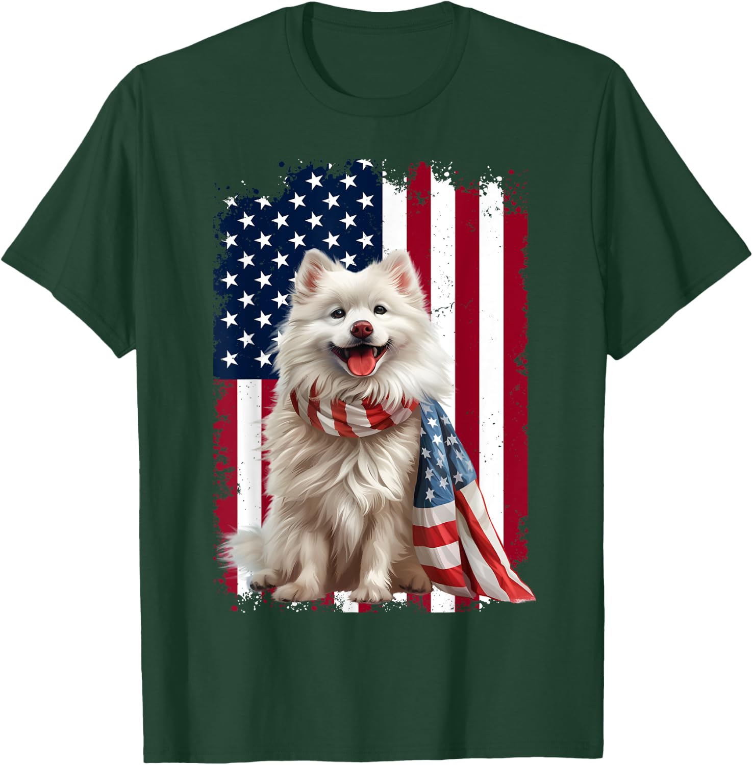 American Eskimo Dog American Flag 4th Of July Eskimo Lovers Women Kids Men T-Shirt - T-Shirt | Forest