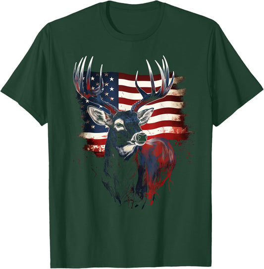 Deer Hunting American Flag Patriotic Hunter Whitetail Buck T-Shirt - T-Shirt | Forest