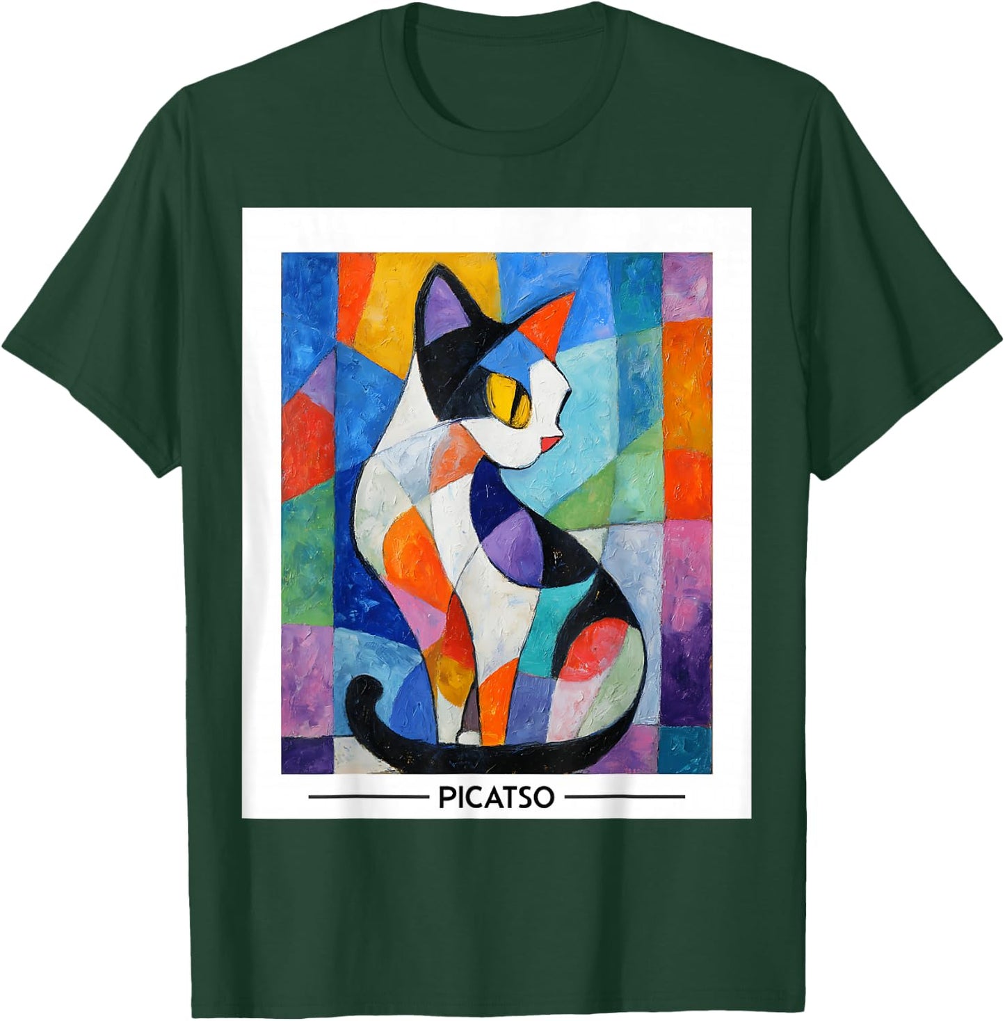 Abstract Cubist Cat Art Design -- Bold Colorful Picatso Gato T-Shirt - T-Shirt | Forest