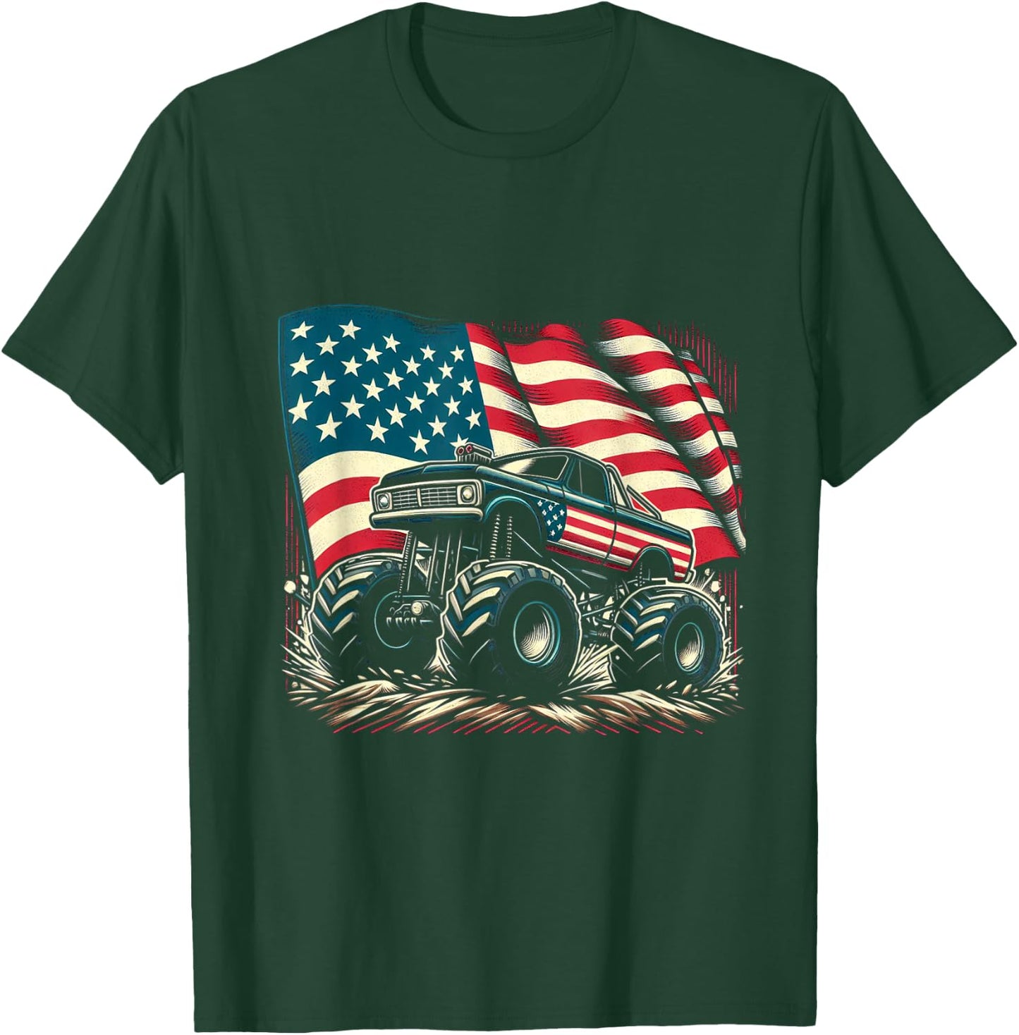 Patriotic USA Monster Truck Adult T-Shirt - T-Shirt | Forest
