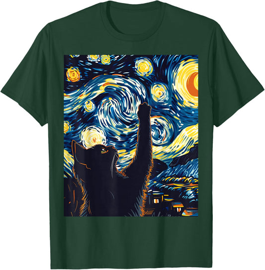 Cute Cat Van Gogh Style Starry Night Art T-Shirt - T-Shirt | Forest